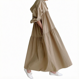 Robe maxi décontractée en coton de couleur unie, manches trois quarts bouffantes, coupe ample, ourlet étagé avec poches pour un usage quotidien - Product Image 1