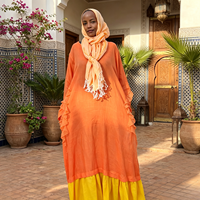 Robe longue ample en lin orange vif avec col et ourlet à volants jaunes, style Abaya modeste, pour femmes musulmanes, été, respirante, écologique, OEM