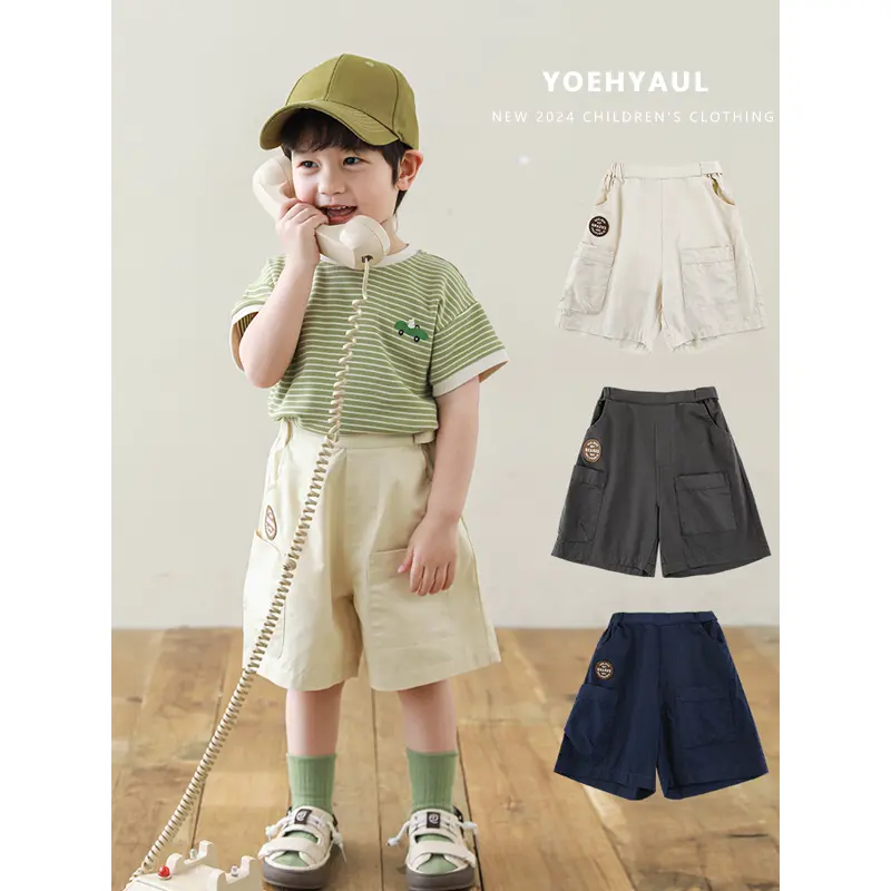YOEHYAUL N4991 Manufacturers Custom Logo Baby Toddler Boys Shorts Solid 100% Cotton Knee Length Cargo Shorts for Kids