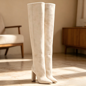 Bottes hautes en <span class=keywords><strong>daim</strong></span> <span class=keywords><strong>beige</strong></span> pour femme, à bout pointu, talon bloc épais, à enfiler, pour l'hiver, mode féminine, bottes de soirée élégantes - Product Image 6