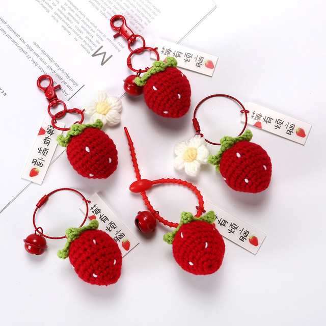 New Arrival Cute Crochet Woolen Knitted Flower Bell Pendant Strawberry Keychain Handmade Woven Key Charms for Women