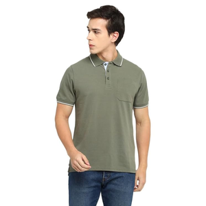 Men's Olive Green Short Sleeve Polo <b>Shirt</b> Solid Color Pique Knit Casual Wear With <b>Pocket</b> And Contrast Trim Polo <b>Shirts</b> - Product Image 2