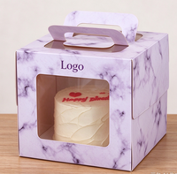 Boîte à gâteau personnalisée de nouvelle conception, biodégradable, de qualité alimentaire, en papier marbré violet clair avec poignée et fenêtre transparente