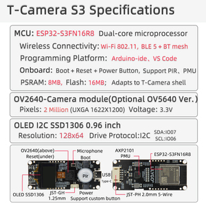 En stock, carte de développement originale LILYGO T-Camera S3 ESP32-S3, 16 Mo de mémoire flash, 8 Mo de PSRAM, OV2640 OV5640, écran OLED 0,96 pouces, capteur PIR - Product Image 6