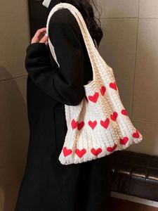 Sac fourre-tout chic bohème en tricot, motif cœurs, sac à main en crochet pour filles - Product Image 4