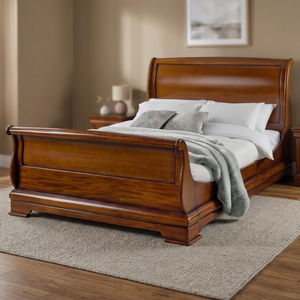 Lit en bois de noyer brun classique avec tête de lit plus haute, meubles de chambre à coucher, style antique vintage - Product Image 2
