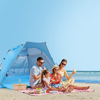 Zomerpop strandtent UPF50+ UV-bescherming Dubbellaags glasvezelpalen Eenvoudige opzet Zandzakken voor 3-4 personen Blauw