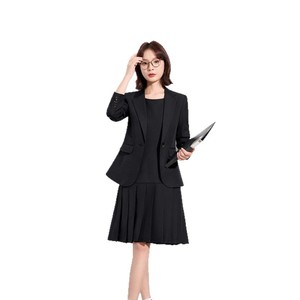 Women's Professional Black <b>Blazer</b> Dress <b>Set</b> Full Sleeve Worsted Anti-Wrinkle For Commute Autumn Winter - Product Image 5