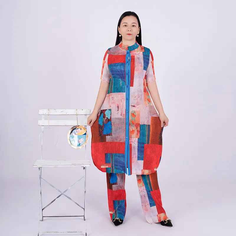 Tianbao कपड़े 2023 वसंत नई ज्यामितीय प्रिंट एकल छाती लघु आस्तीन स्वभाव ढीला बड़े आकार महिलाओं की स्कर्ट सूट