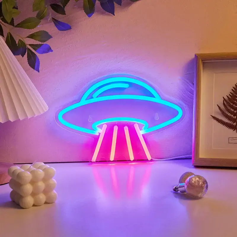 1 enseigne néon UFO LED pour éclairage mural et de table, alimentée par USB, chambre à coucher, chambre d'enfant, bar, décoration de fête