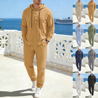 Ensemble de survêtement décontracté 2 pièces en lin pour homme, coupe ample, avec capuche Henley et pantalon à cordon, léger, idéal pour les vacances d'été à la plage (OEM/ODM)