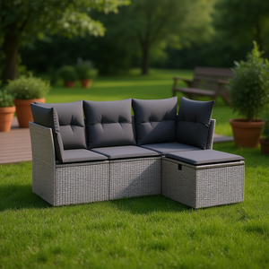 Conjunto de Sofá de Jardín de Ratán Gris, 4 Plazas, Muebles de Exterior de Diseño Contemporáneo, Estructura de Acero con Recubrimiento en Polvo - Product Image 2