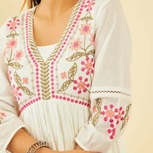 Vestido de Primavera/Otoño, Ropa de Lujo, Bordado Floral, Vestido Largo de Lino y Algodón Blanco para Mujer - Product Image 3