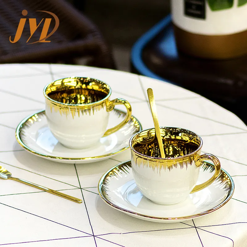 Hot Sell Royal Gold-plated Luxury Coffee Tea Cups and Saucers Gold Printed Ceramic Luxury Cup Set