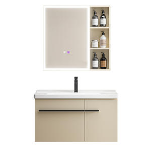 Conjunto de Mueble de Baño Moderno y Sencillo con <span class=keywords><strong>Lavabo</strong></span> de Cerámica Integrado de Color Crema, Espejo Inteligente y Gabinete de Pared - Product Image 5