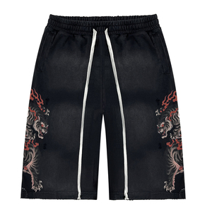 Pantalones Cortos Kirin de Alta Calidad con Diseño de Bestia Mítica para Hombre, Estilo Vintage, Lavado Desgastado, Cintura con Cordón Ajustable, Pierna Ancha, Estilo Urbano - Product Image 1