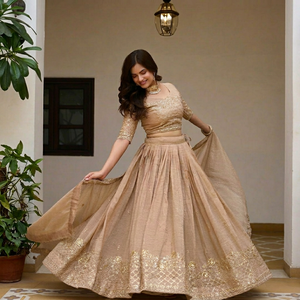 Beige Embroidered Lehenga Set Floral Lace Blouse Pleated Skirt <b>Net</b> <b>Dupatta</b> Indian Wedding Outfit - Product Image 1