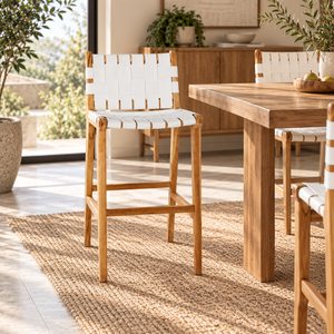 Modern <b>Wooden</b> <b>Dining</b> <b>Chair</b> With <b>White</b> Faux Leather Woven Seat And Backrest Scandinavian Design For Indoor Use - Product Image 1