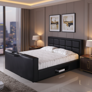 Ensemble <span class=keywords><strong>de</strong></span> meubles <span class=keywords><strong>de</strong></span> chambre à coucher moderne en cuir véritable, <span class=keywords><strong>lit</strong></span> king size intelligent rembourré avec cadre <span class=keywords><strong>TV</strong></span> et rangement intégré, vente en gros - Product Image 2