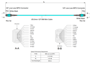 สายแพทช์ไฟเบอร์ออปติก SpeedyFiberTX 150 ฟุต แบบ Low Loss MPO/ตัวเมีย มัลติโหมด OM3 12 เส้นใย สีฟ้า ปลอกหุ้ม LSZH แบบ Key-Up Type B - Product Image 3