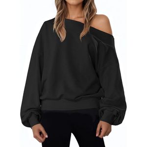 Fisoew Sweat-shirt à épaules dénudées pour femme, coupe ample, manches longues, décontracté, pour l'automne, noir - Product Image 1