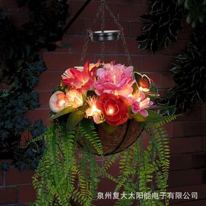 Panier suspendu à fleurs alimenté par l'énergie solaire, pot de plante décoratif en fer forgé avec LED pour extérieur, montage mural pour jardin - Product Image 4