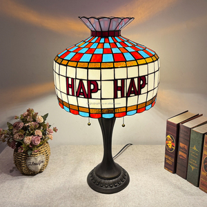 14 Inch HAP Letter Stained Glass <b>Table</b> Lamp Tiffany Hand Soldered Glass Shade Vintage Pull Chain Desk Lamp E26 E27 for Bedroom <b>C</b> - Product Image 3