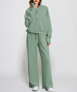 Sweat-shirt décontracté à demi-fermeture éclair pour femmes et ensemble de pantalons de survêtement à jambes larges - Product Image 6