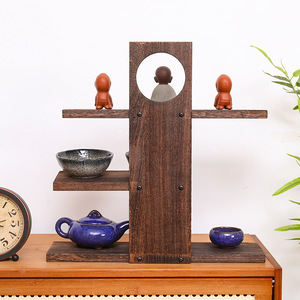 En stock: Estante de escritorio de madera maciza, estante de exhibición antiguo, estante de almacenamiento de tres niveles para tazas de té y juegos de té de madera maciza, estilo retro chino. - Product Image 4