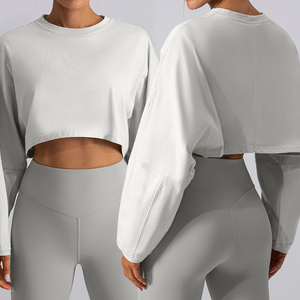 T-<span class=keywords><strong>shirt</strong></span> de base de <span class=keywords><strong>sport</strong></span> court pour femmes en gros T-<span class=keywords><strong>shirt</strong></span> pull tricoté haut ample à manches longues - Product Image 1