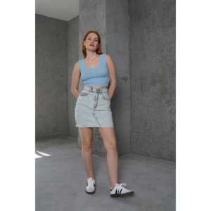 Falda de Punto Elástica Recta Estilo Europeo al por Mayor con Detalle de Borlas, Cintura Imperio Azul, Decoración con Estampado Bordado - Product Image 3