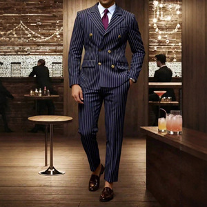 Ensemble de Costume Formel <span class=keywords><strong>Homme</strong></span> 2026 à Col Cranté Perlé et Boutonnage Simple, Blazer Rayé et Pantalon Habillé 100% Polyester - Product Image 2