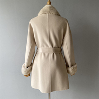 Jxwatcher Luxuriöse Handgefertigte Wollfleece-Jacke Flauschiger Großer Echter Nerzpelzkragen Weiche Herbst-Winter Doppelseitige Damen-Strickjacke mit Gürtel