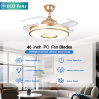 Ventilateur de plafond rétractable de luxe de 48 pouces avec 4 pales invisibles, finition or-noir, lumière LED et télécommande intelligente