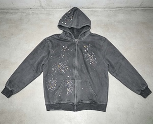 Sudadera con capucha extragrande para hombre, con cremallera, de algodón 100%, estilo urbano con pedrería personalizada, corte holgado - Product Image 1