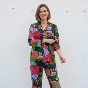 Pijamas de algodón con estampado floral de 2 piezas para mujer, manga larga, cuello vuelto, ropa de dormir informal - Product Image 1
