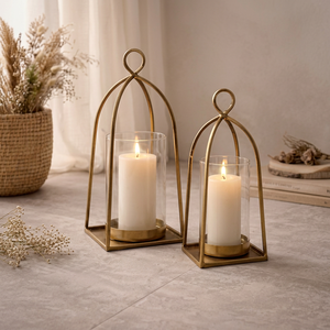 Gold Metal Wire <b>Lantern</b> <b>Candle</b> Holder Rectangular Ring Top with Glass Cup Home Decor - Product Image 1