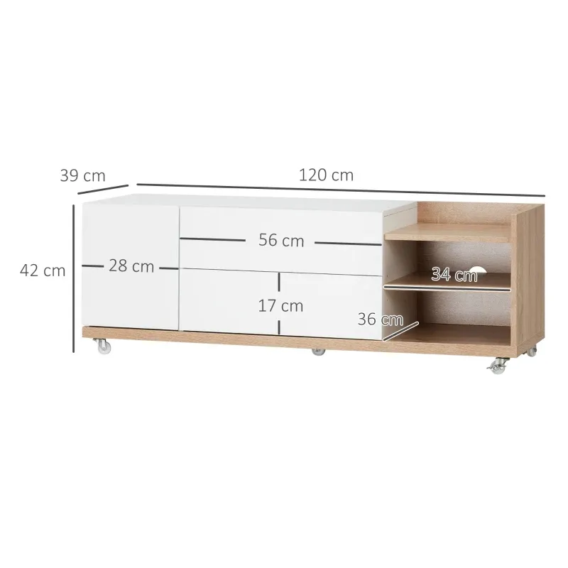 Modern TV Stand Unit for TVs up to 46" with Wheels, Storage Shelves and Drawers, 120cmx39cmx42cm, White and Natural