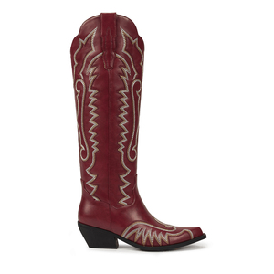 WETKISS-<span class=keywords><strong>Botas</strong></span> de vaquera con punta en pico para <span class=keywords><strong>mujer</strong></span>, <span class=keywords><strong>botas</strong></span> de vaquero con tacón grueso, <span class=keywords><strong>botas</strong></span> bordadas hasta la rodilla, estilo occidental, venta al por mayor - Product Image 1