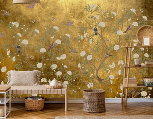 Pannello Murale in Carta con Foglia d'Oro Personalizzato di Alta Qualità, Stile Chinoiserie con Uccelli e Fiori, per Camera da Letto, Soggiorno e Ingresso Hotel, Decorazione d'Interni - Product Image 2