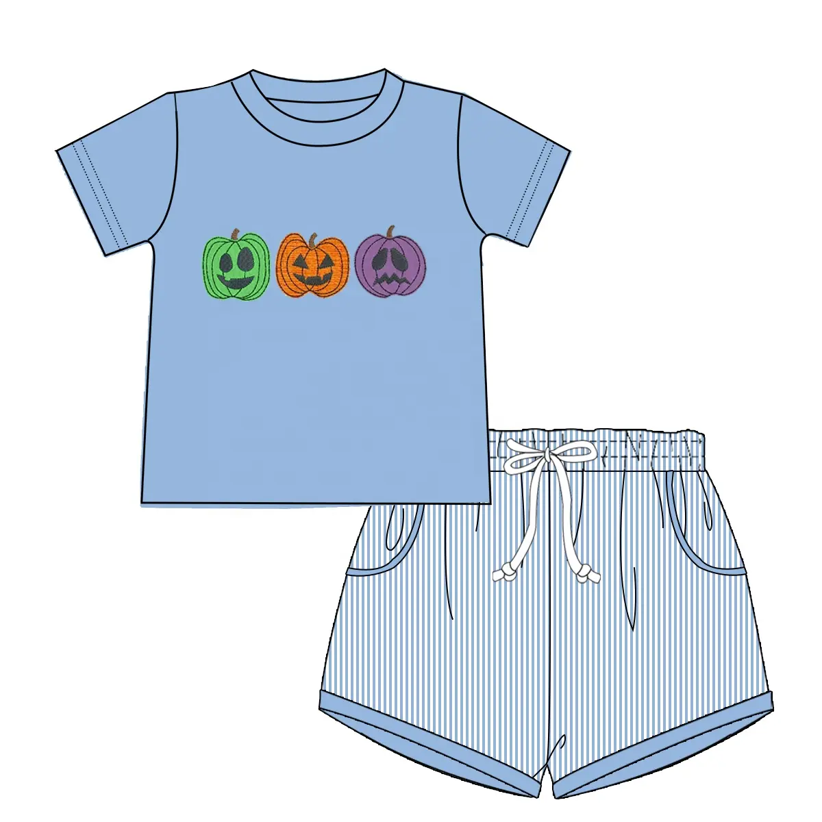 Puresun Jack O Lantern Boy Short Set Wholesale Custom Halloween Pumpkin Face Applique Two Pieces Clothing set