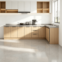 Gabinetes de Cocina Modulares Personalizados Directo de Fábrica, Color Crema, Panel Elevado, Forma de L, Gabinetes Superiores Blancos, Cuarzo Gris Ecológico