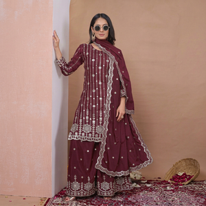 Ensemble de robe de mariée traditionnelle indienne et pakistanaise brodée marron pour femme, longueur ras du sol, coupe classique, en polyester, tenue ethnique pour toutes les occasions - Product Image 1