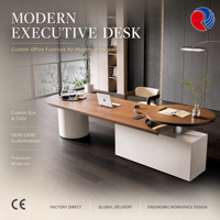 Bureau de direction moderne et luxueux avec base cylindrique blanche, plateau en bois naturel, bureau design pour PDG