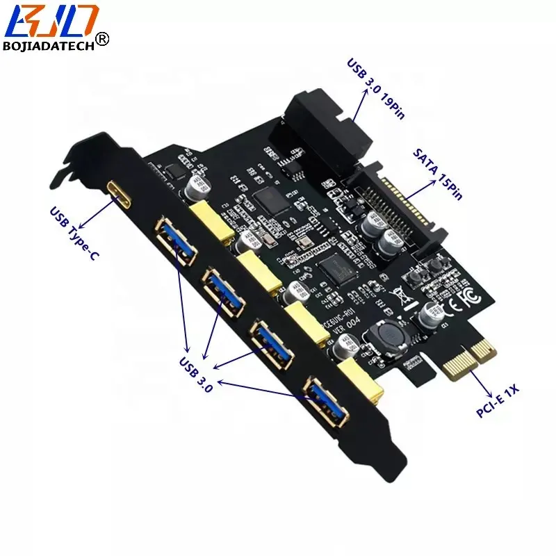 4 USB 3.0 टाइप-A + 1 टाइप-C कनेक्टर से PCI-E 1X एक्सपेंशन कंट्रोलर कार्ड USB3.0 19PIN सॉकेट SATA 15PIN पावर के साथ