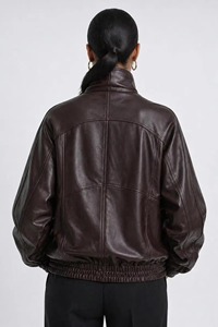 Blouson aviateur de luxe en cuir de mouton pour femme, marron, coupe classique, coupe-vent, zippé, style motard, vêtement d'extérieur pour l'automne - Product Image 4