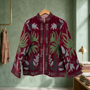 Wholesale Vintage Style Maroon <b>Velvet</b> <b>Jacket</b> <b>Women</b> Hand Embroidered Floral Short Coat Boho Winter Outerwear - Product Image 4
