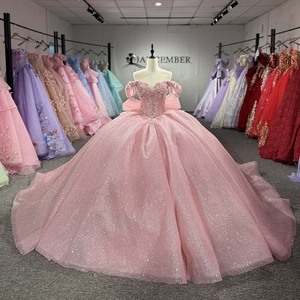 ชุดราตรีงาน Quinceanera สีชมพูกลิตเตอร์แบบเปิดไหล่ผูกโบว์สำหรับผู้หญิง 1572 ชุดสำหรับงานปาร์ตี้ - Product Image 1