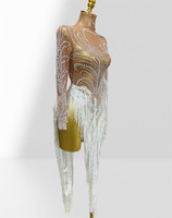 Combinaison en maille transparente à franges et strass, robe longue à paillettes et à franges, costume de scène pour femmes, danse latine