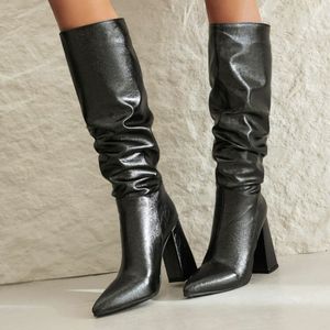 Large Size New Material Botas De Tacon Pleated Block Heel Sepatu Knee High <b>Boots</b> for Women - Product Image 5
